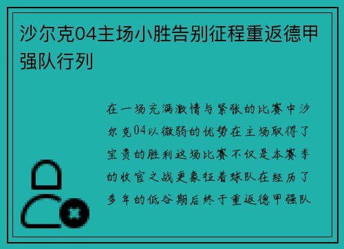 沙尔克04主场小胜告别征程重返德甲强队行列